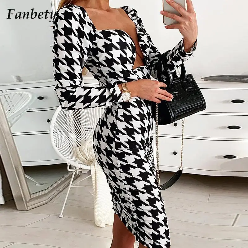 

Женское облегающее платье с длинным рукавом, Осеннее Повседневное платье в клетку с птицами, элегантное платье для женщин на осень и зиму, ...