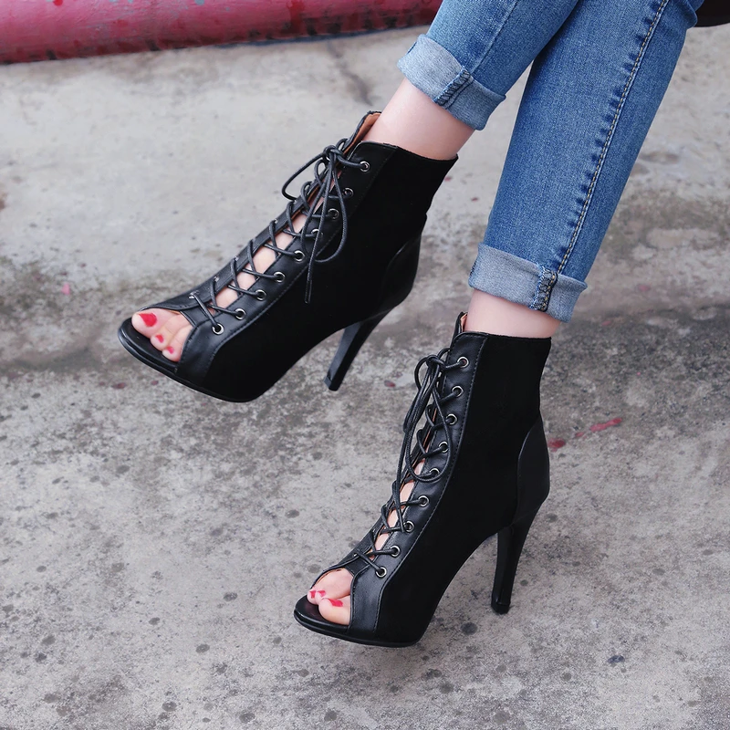 Fashion Women's Dance Thin High Heels Shoes Sexy Stilettos Latin Jazz Lace Up Ankle Boots Peep Toe Breathable Ballroom Sandals