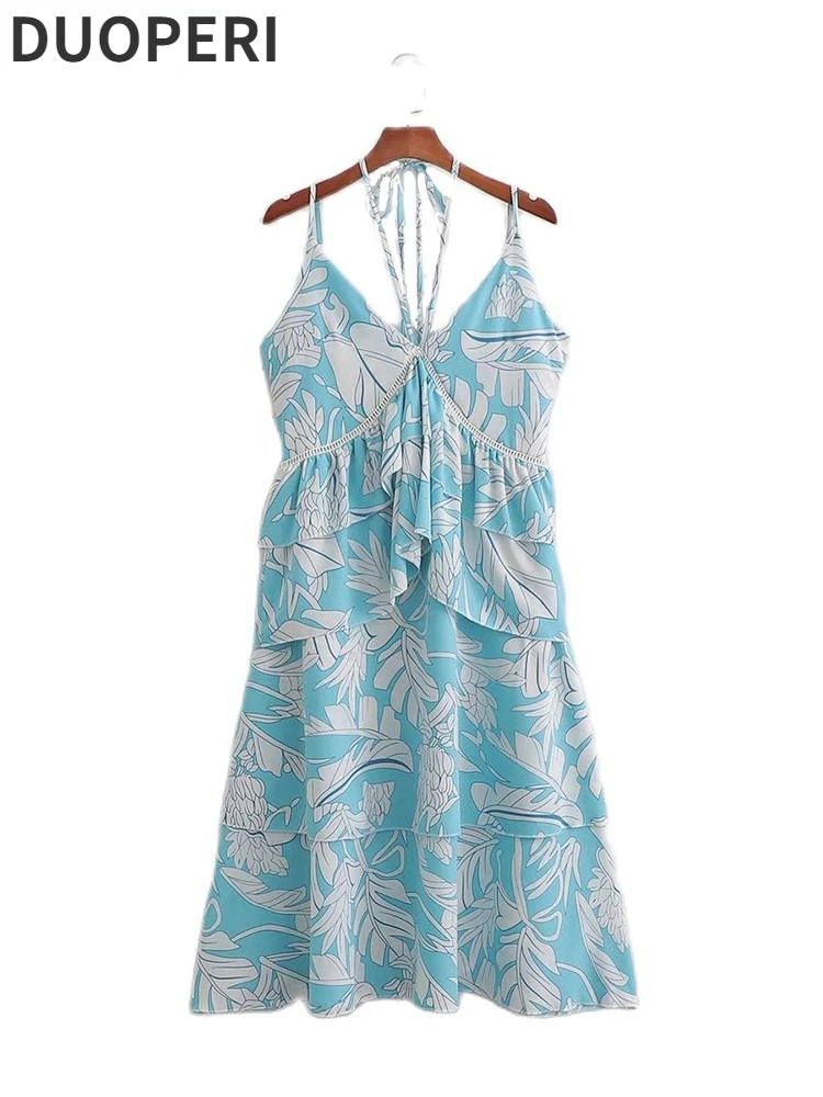 

DUOPERI Women Fashion Printed Lace Up Ruffled Mini Camisole Dress Thin Straps Halter Neck Female Chic Lady Short Slip Dresses