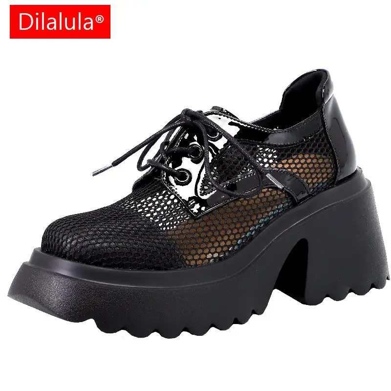 

Женские сетчатые туфли-лодочки Dilalula, из натуральной кожи, на толстом каблуке, со шнуровкой, на платформе, весна-лето 2023