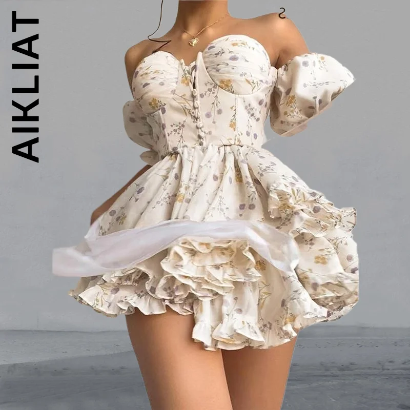 

Aikliat Women New Dress Floral Y2K Mini Dress Corset Off Shoulder Mini Dress Girl Basic Dresses For Women 2022 Vestidos