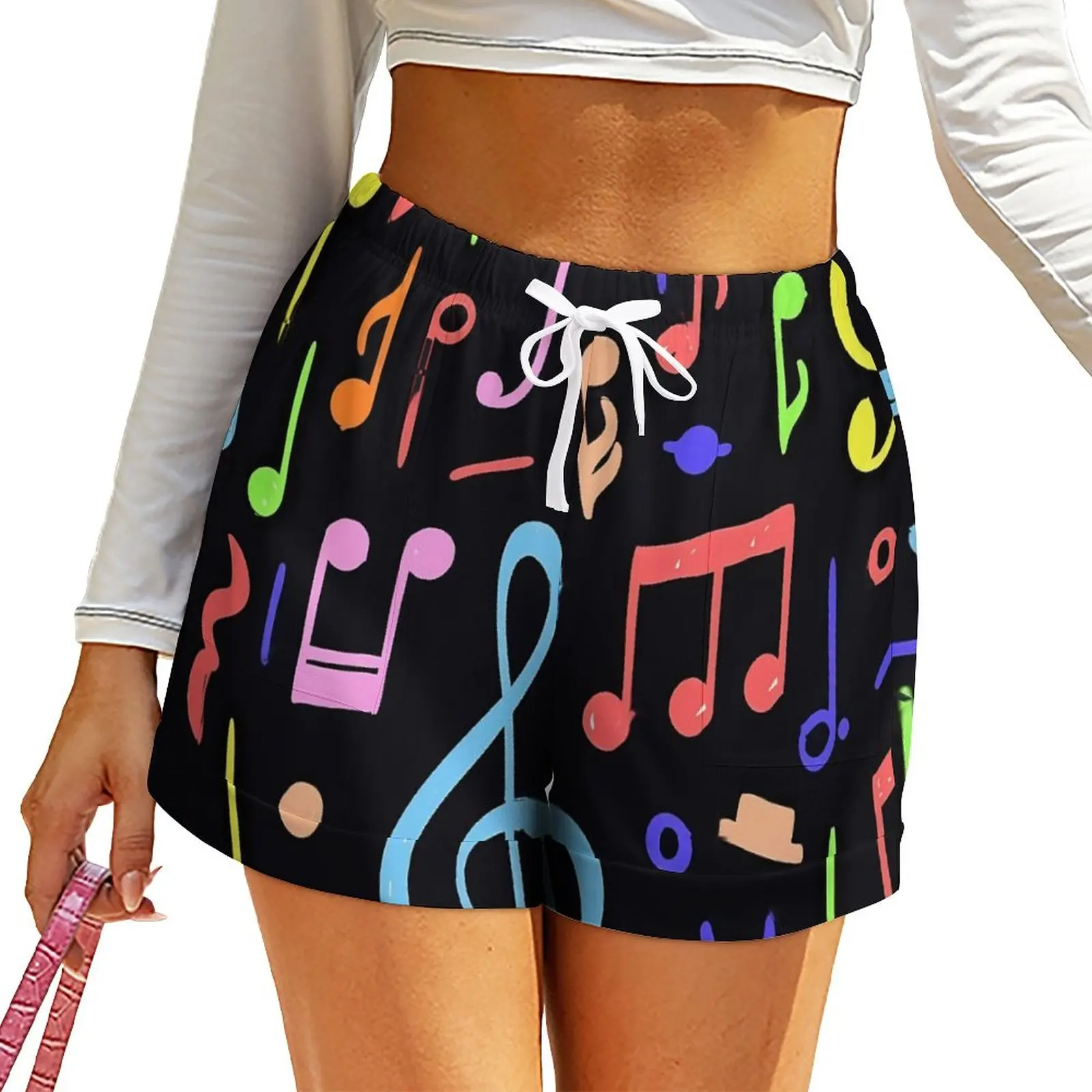 

Music Notes Shorts High Waisted Colorful Print Design Shorts With Pockets Summer Night Club Oversize Short Pants Casual Bottoms