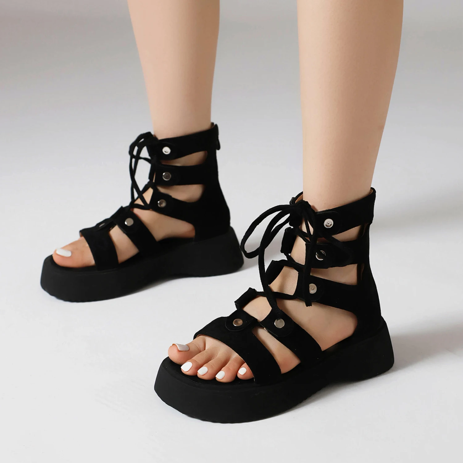 Beach Gladoator Sandals Women Flat with Med Heels Shoes Flock Wedges Pink Beige Black Cross Bandage Platform Flats Size 35-46