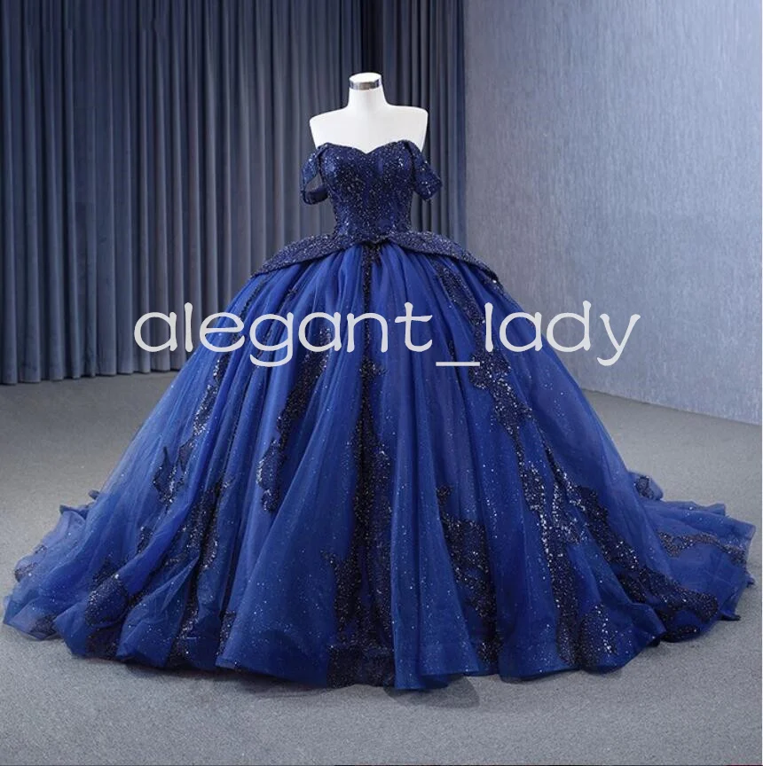 Темно-синее платье принцессы Quinceanera 2024 корсет с блестящими кристаллами и