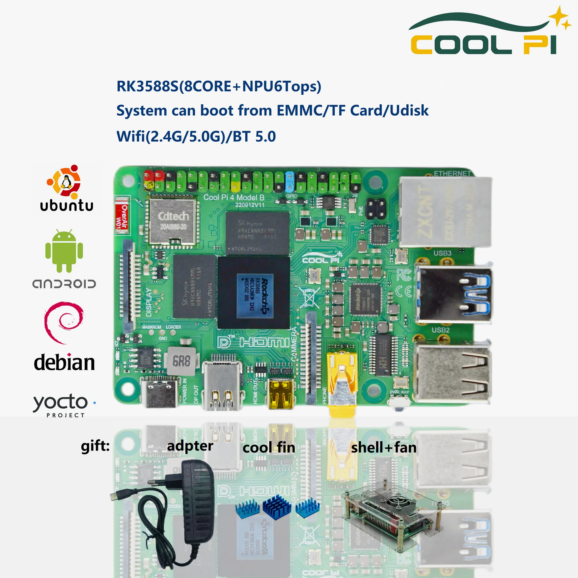 

Cool Pi Rockchip RK3588S Single Board Computer with 8 cores 64bits,6.0 TOPs AI NPU,8K Video codec,Run Android,Ubuntu,Debian OS