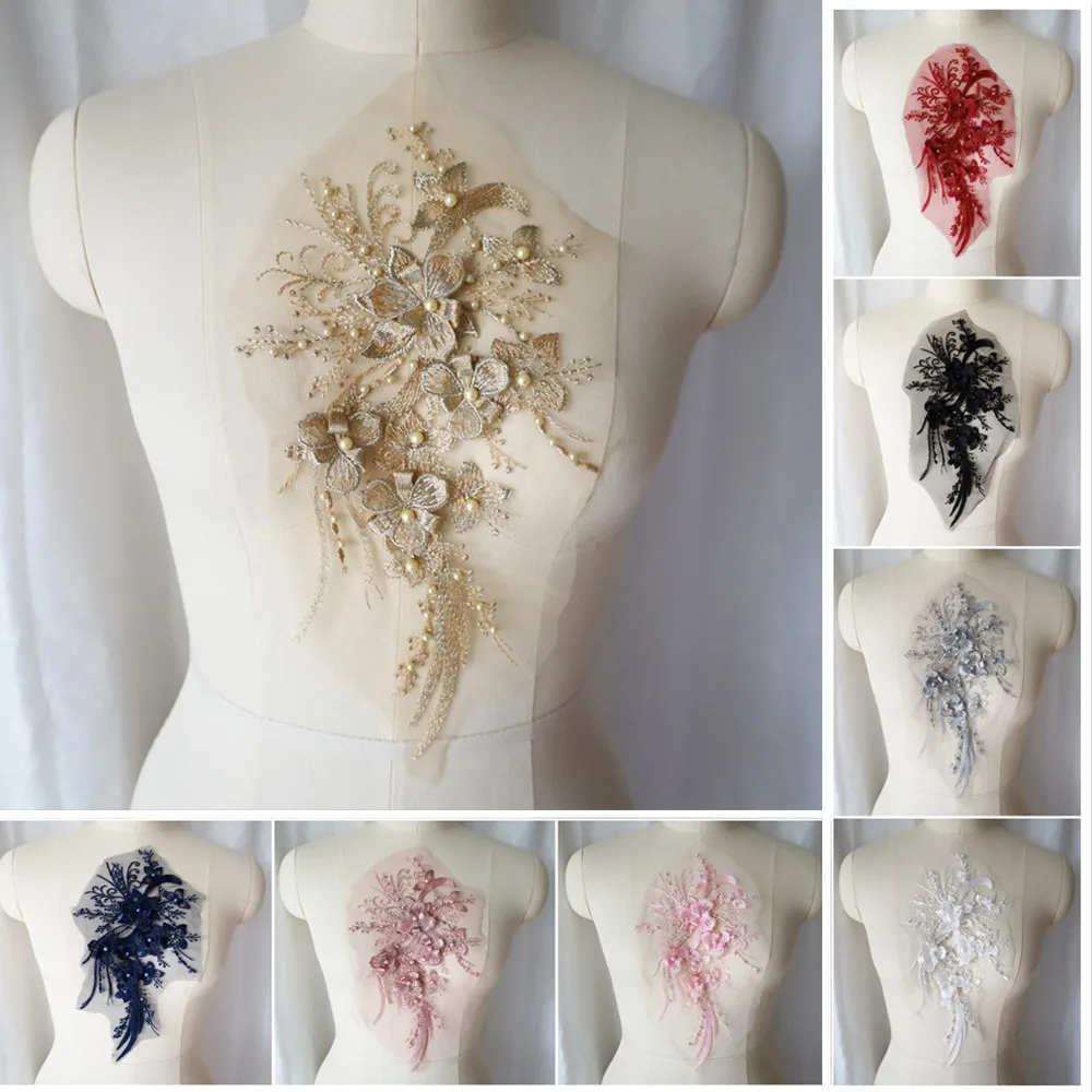

Embroidered Lace Pearl Flower Applique Fabric Mesh Trim Collar For Wedding Bridal Gown Sewing Patch Party Dress Decor DIY Crafts