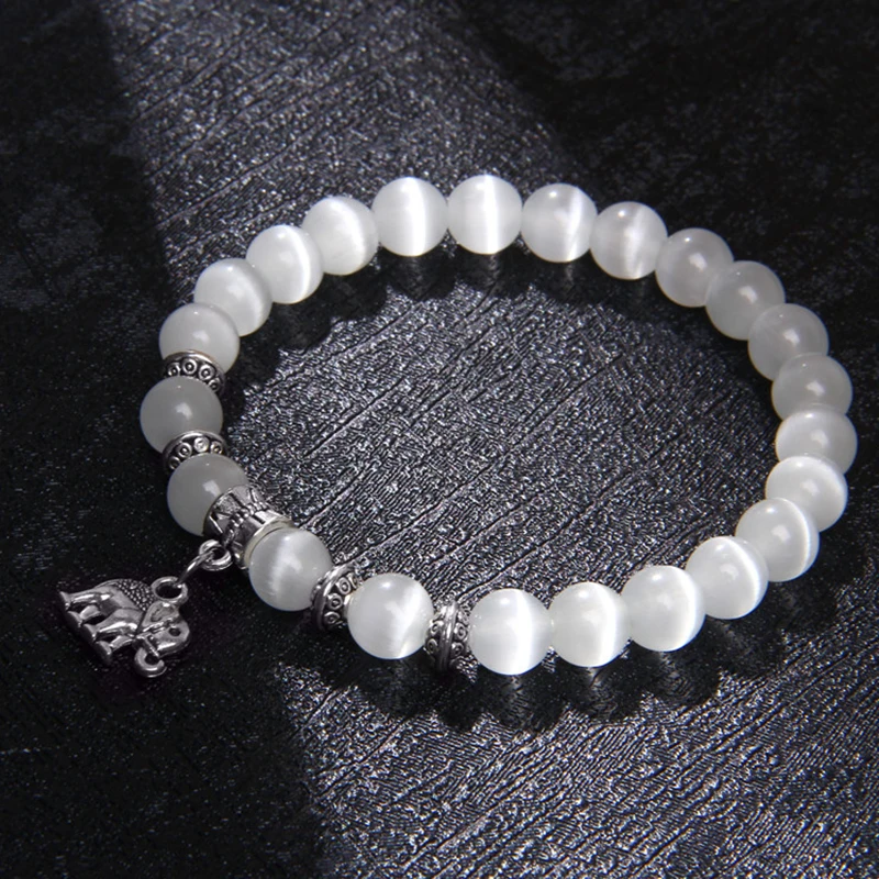 Милый белый бриллиант 8 мм кошачий глаз камень бусина эластичный браслет