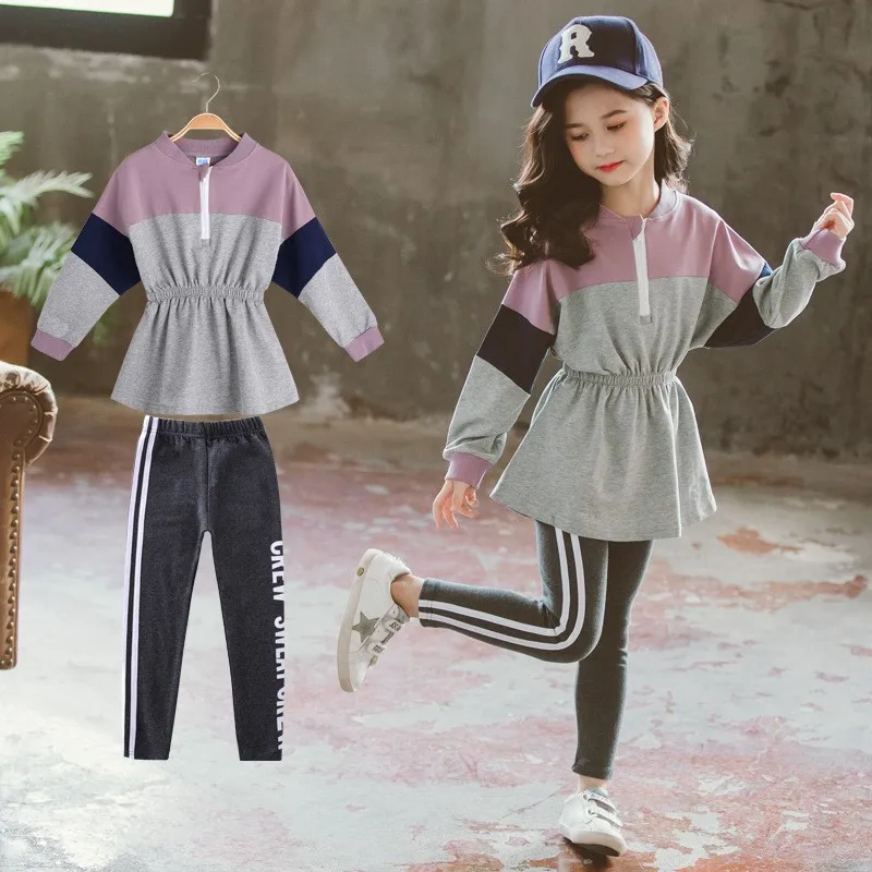 

Spring Autumn Girls Daily Simple Sport Suit Children Fashion Patchwork Sweatsuit Teens Sweatshirt Pencil Pants Kid Outfits 5-10y