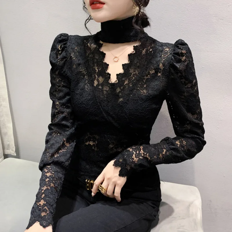 

New Black White Khaki Vintage Short Lace T Shirt Women Sexy Hollow Out Wrap T-Shirt Female Long Sleeve Thin Turtleneck Tight