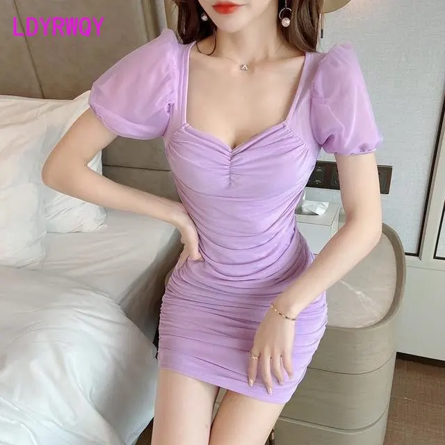 

Summer 2023 new V-neck mesh puff sleeve pleats tight skinny nightclub sexy hip dress woman