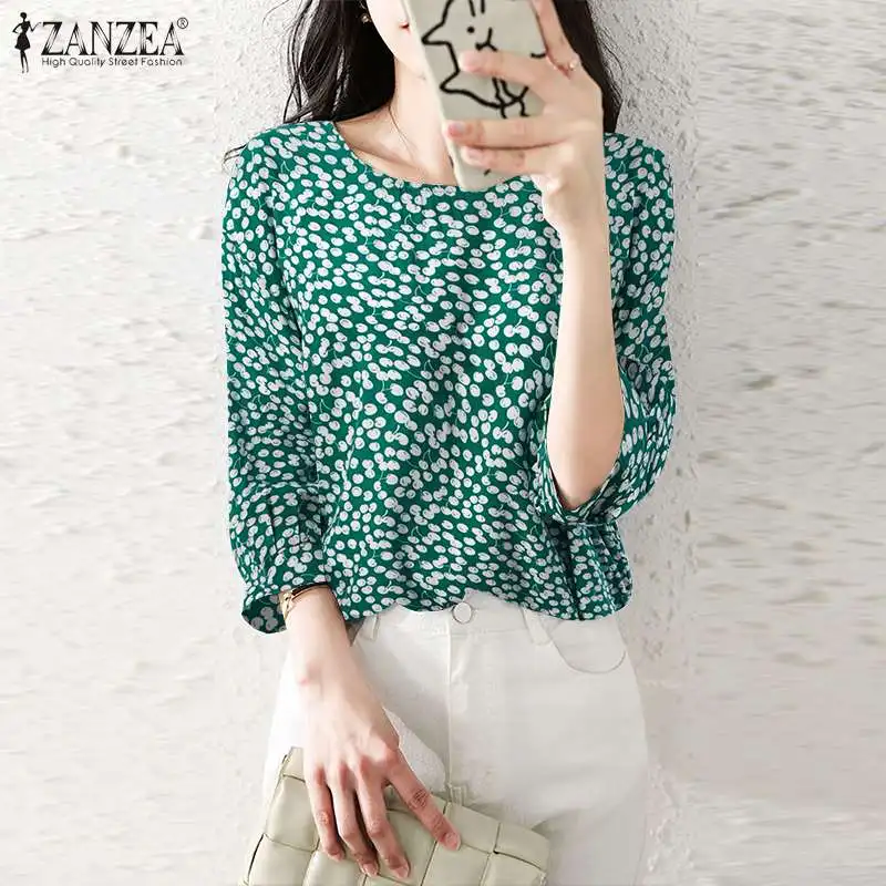 

ZANZEA Female Summer Three Quarter Sleeve Blouse O-Neck Printing Elegant Shirt Women Tops Fashion Work Blusas Femininas Chemise