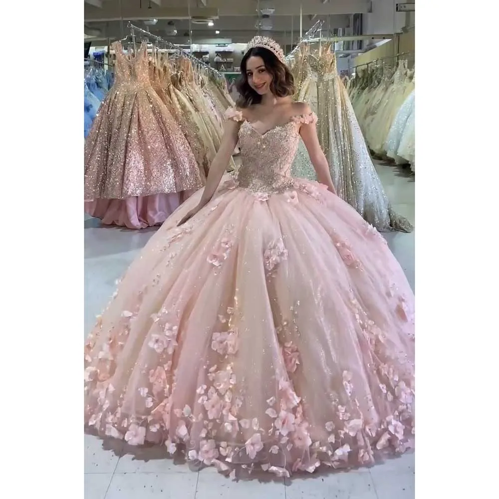 

Pink Ball Gowns Floor Length Appliques Off The Shoulder Formal Prom Party Dress Women Tulle Luxury Birthday Costume Wedding