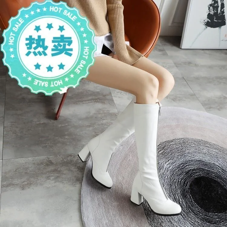 

No More Than Knee Boots Women's Spring and Autumn 01 New Slim Tube Front Zipper Thin Boots Middle Heel High Tube Knight Boots