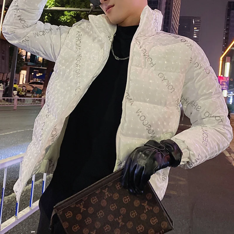 Winter Letter Print Thicken Puffer Parkas Jacket Men Stand Collar Casual Business Coat Hiphop Overcoat Streetwear Men Clothing