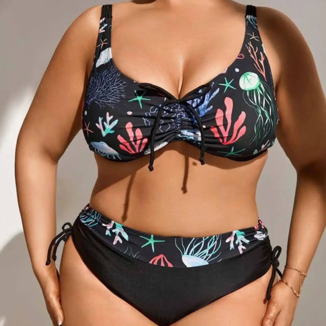 

2023 Summer Plus Size Bikini Jellyfish Seaweed Coral Undersea World Landscape Print Big Two Pieces Swimming Suits Large Swimwear