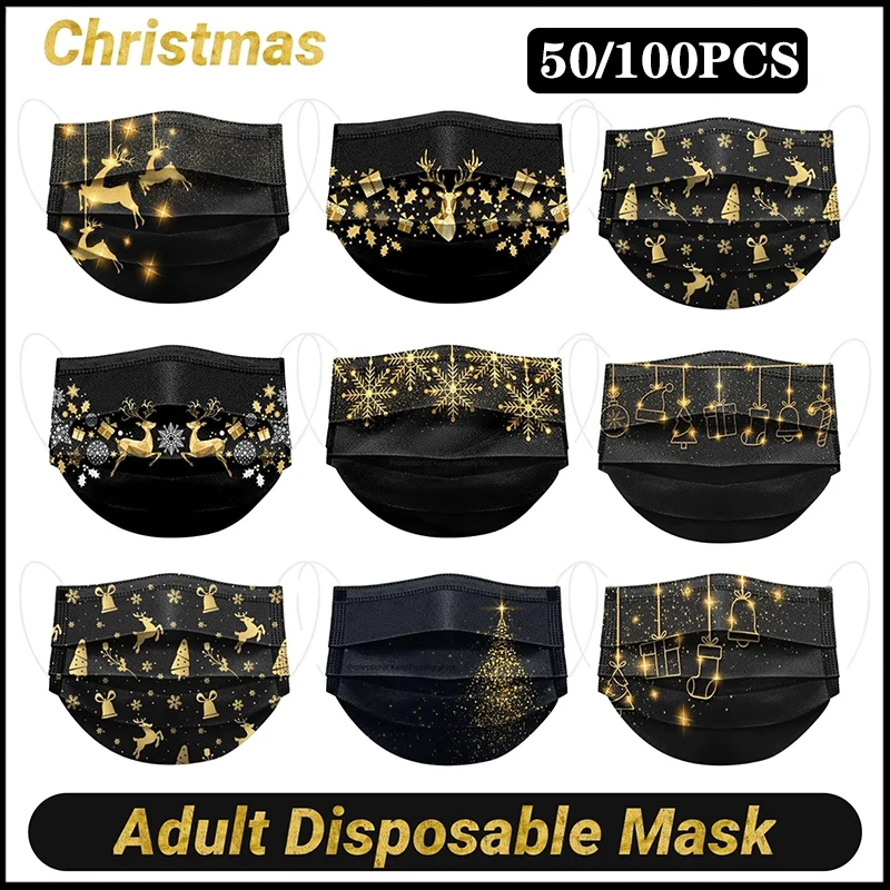 

50шт одноразовые взрослые рождественские маски Mascarillas унисекс золотой лось печати черная маска 3 слоя маска для лица Mascherine Хэллоуин косплей