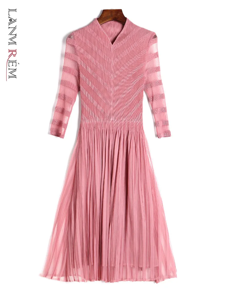 

Женское плиссированное платье LANMREM, Сетчатое платье средней длины с v-образным вырезом и рукавами трапециевидной формы, модное вечерние, новинка 2023, 2AA3328
