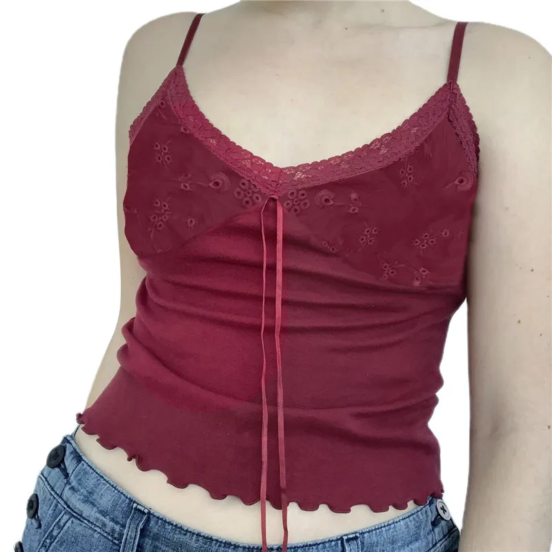 

Женский Кружевной укороченный топ Y2k на бретелях-спагетти, Облегающая майка с открытой спиной без рукавов, эстетичная Винтажная футболка с низким вырезом