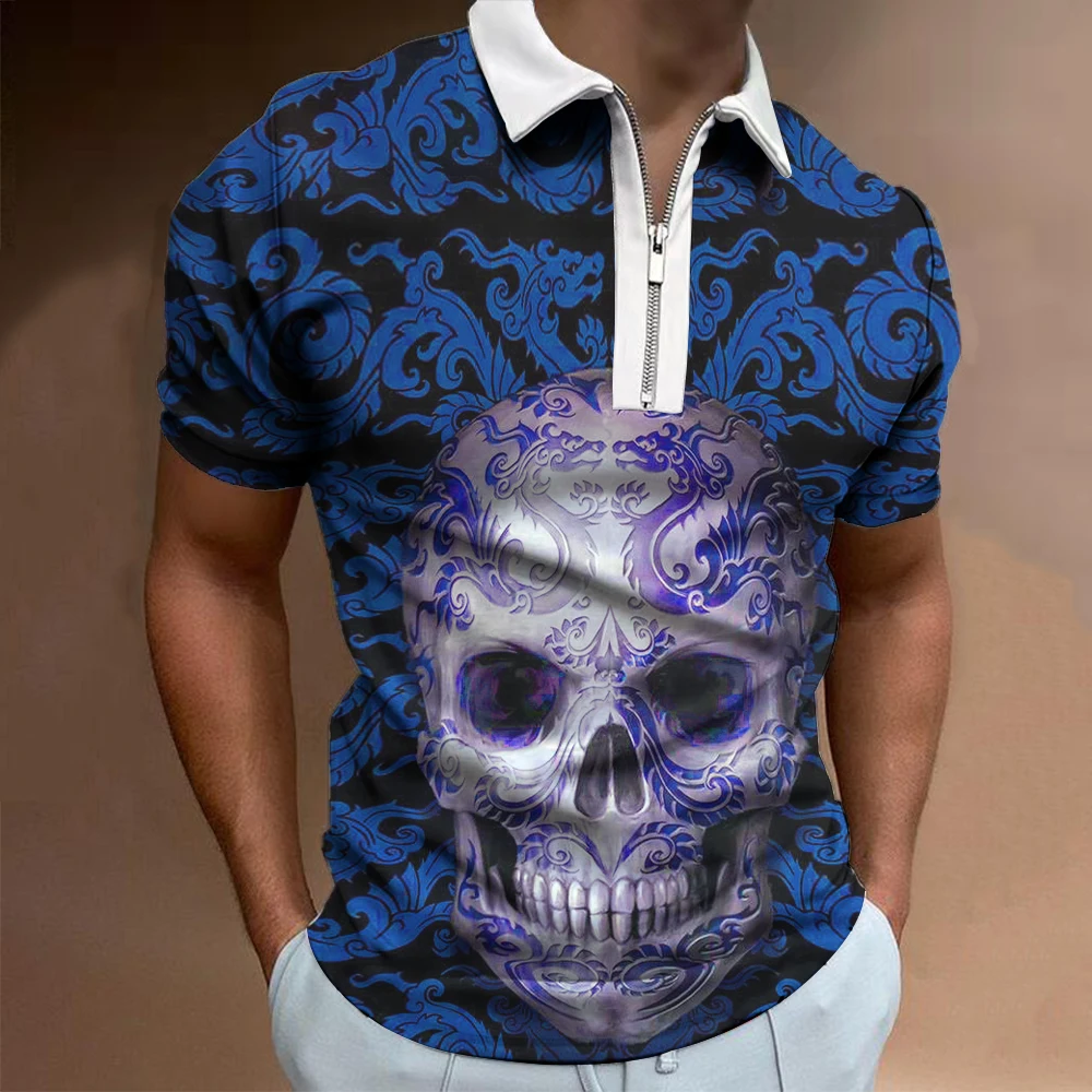 

Summer Skull Punisher Zipper Polo Shirt Men's Lapel Fashion Casual Slim Fit Breathable Solid Color Business Men's Polo Shirt