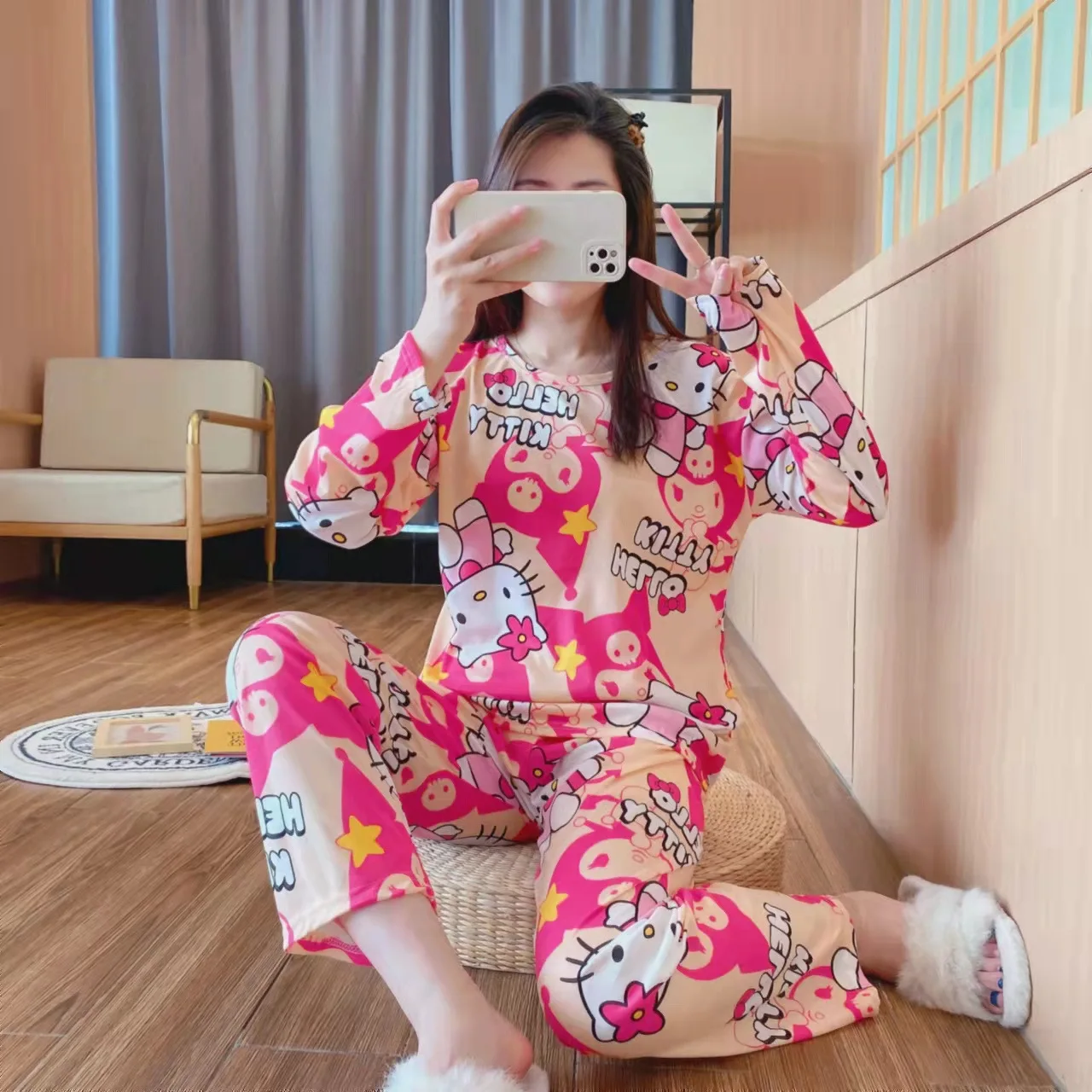 

New Sanrio My Melody Hello Kitty Nightwear Kawaii Pure Cotton Long Sleeve Round Neck Xxl Large Size Women's Home Nightwear