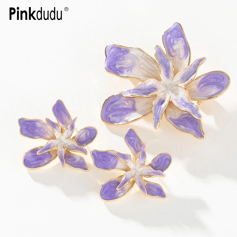 

Pinkdudu New Purple Enamel Flower Brooch Elegant Design Sense Artistic 925 Silver Needle Stud Earring for Women Jewelry PD1011