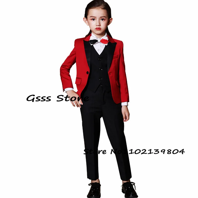 Child Wedding Tuxedo Red Suit 3 Piece (Blazer + Pants + Vest) Formal Kids Jacket costume enfant garçon mariage enlarge