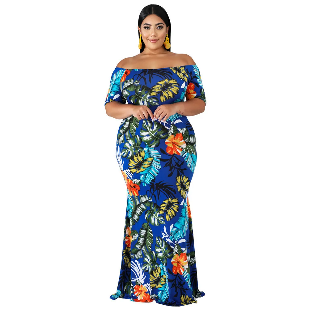 Plus Size New Women's Dress Fashion Bra Off The Shoulder Mop Dress Flower Leaf Print Long Dress Slim Fit Evening Maxi Dress