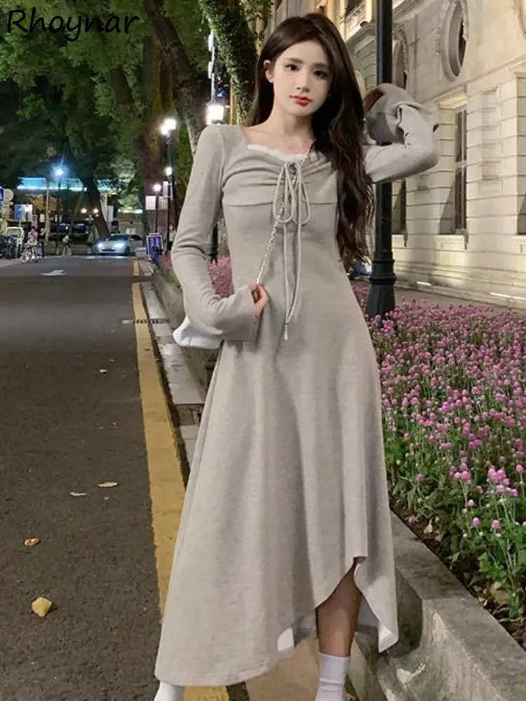 

Dresses Women Gray Temper Square Collar Ladies Minimalist Korean Fashion Clothing Elegant Vestidos High Street Casual Bandage