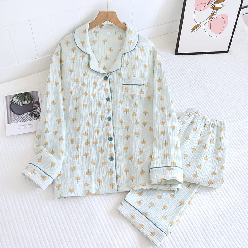 

New Crepe Pajama Set Women's Four Seasons Thin Section Long-sleeved Trousers Lapel Cardigan Seersucker Home Wear Two-piece Set