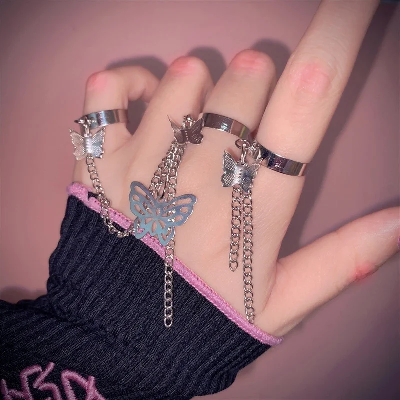 

Punk Hip Hop Link Chain Link Woman Rings Set Tassel Butterfly Cross Punk Rings Jewelry Ladies Fashion HipHop Jewelry 6cm Chain