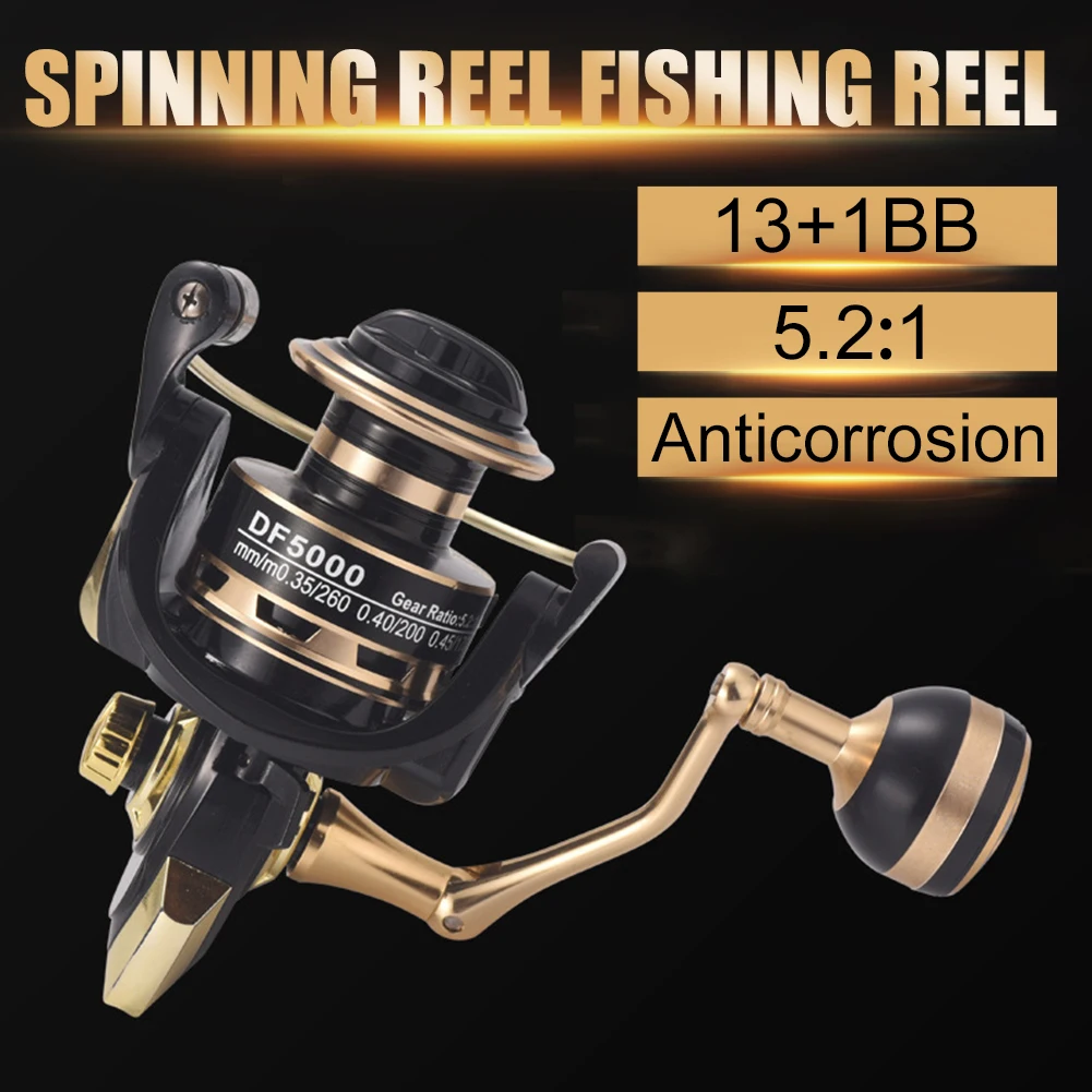 

Spinning Reel DF1000-5000 Fishing Reel Metal Spool 5.2:1 Gear Ratio 13+1BB Reversible Rocker Arm Saltwater Freshwater Tackle