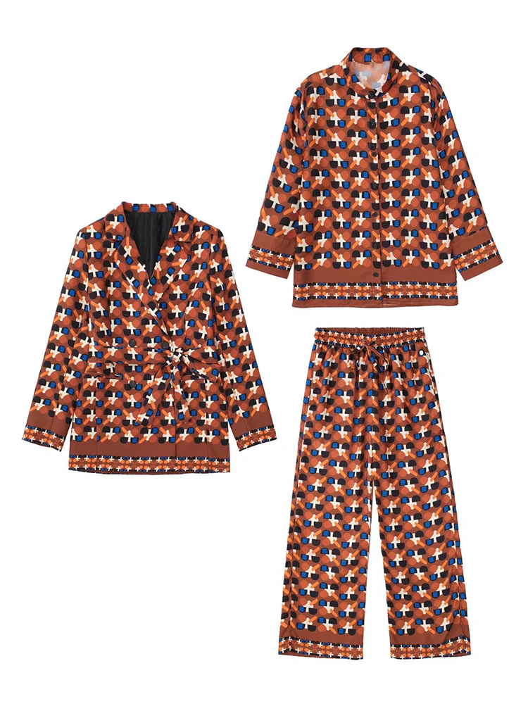

TFMLN 3Pcs Women Geometric Print Blazer Suit Sets 2022 Fashion Spring Single Breasted Shirts And Pant Long Sleeve Outfits
