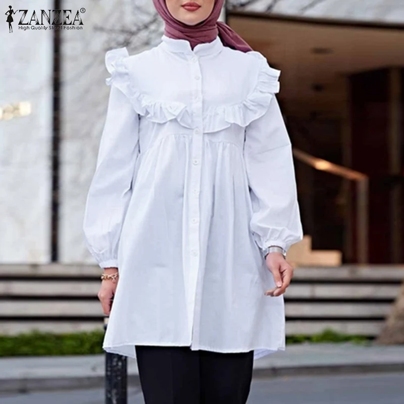 

ZANZEA Retro Work Islamic Clothing 2022 Fashion Solid Blouse Women Casual Elegant Full Sleeve Shirt Muslim Ruffle Button OL Tops