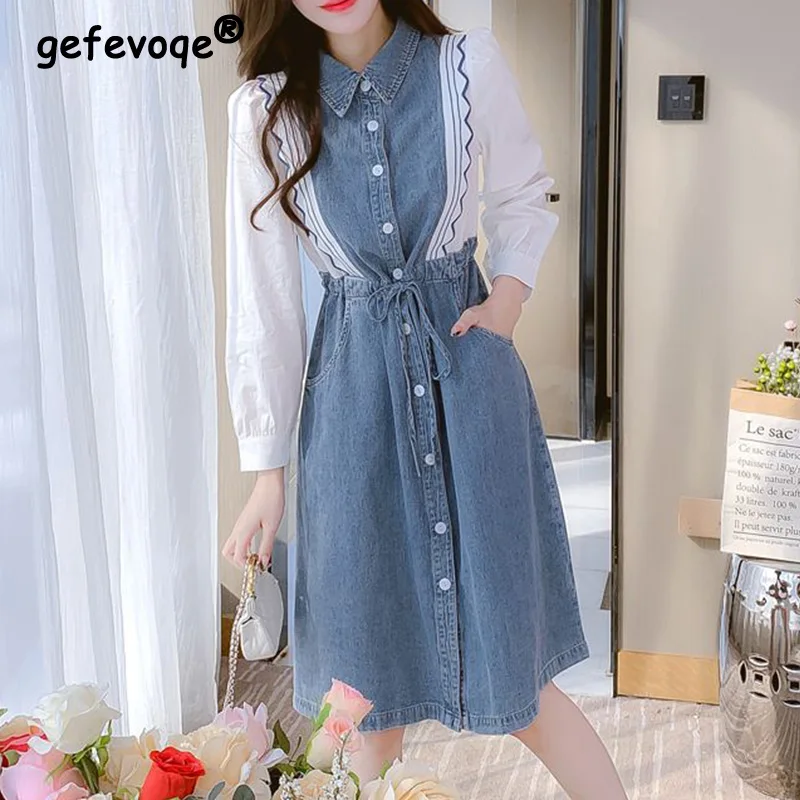 

Korean Fashion Women's Clothing Striped Button Distressed Design Long Sleeve Waist Drawstring Lapel Patchwork Denim Midi Dress