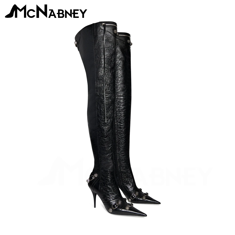Leather Over-The-Knee Boots Pointed Toe Stiletto Boots for Women Metal Rivet Accessories Luxury Fashion Designer High Heel Boots