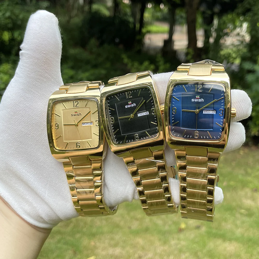 

SWISH Gold Square Luxury Quartz Men Watch Relogio Masculino Calendar Weekday Male Wristwatch Two Tone Gold Stainless Steel