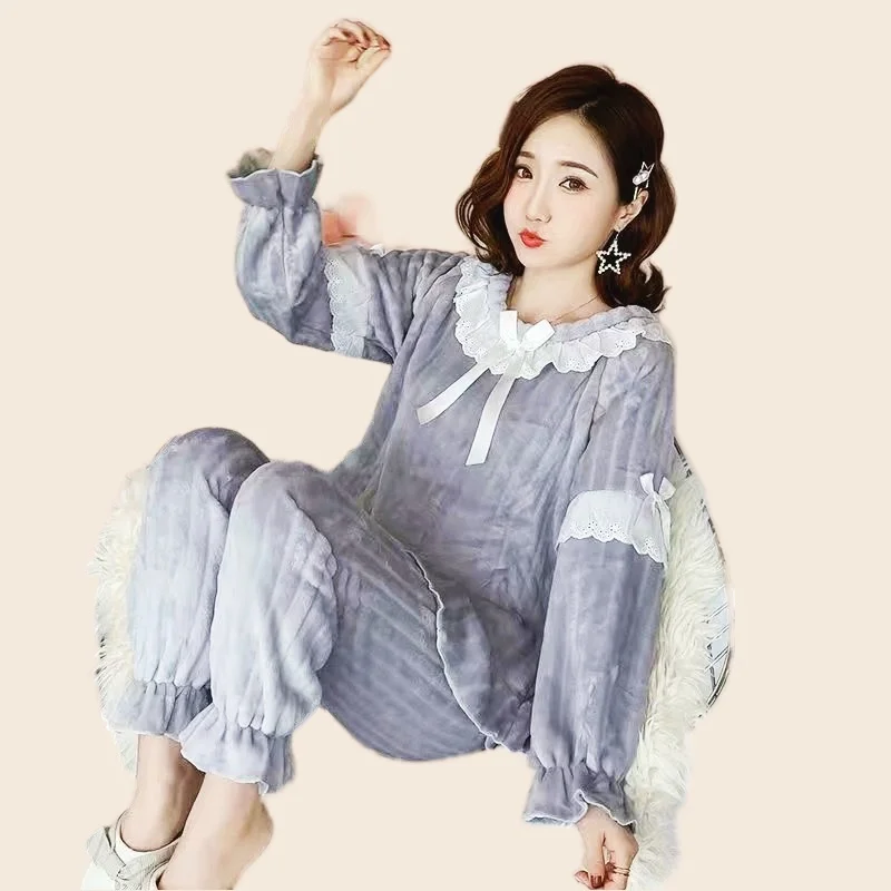 Women's Pajamas Set Princess Neck Full Sleeve Tops Long Pants 2Piece/Suit Winter Cute Pink Pyjama Big Size Cozy Warm Homewear