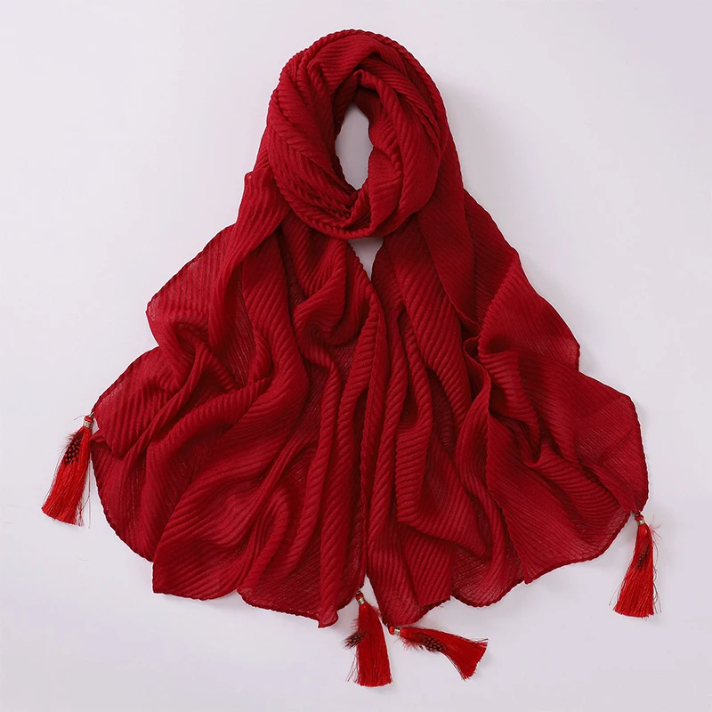 

Pleated Shawl with Feather Tassels for Women Muslim Turban Hijab Scarf Wedding Party Accessories Breathable Sunshade 160x60cm