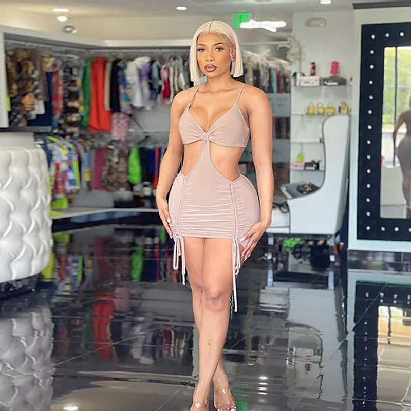 

Women Sexy Bodycon Dress Sleeveless Hollow Out Drawstring Mini Slim Clothing Female Ladies Party Clubwear Streetwear Summer 2022