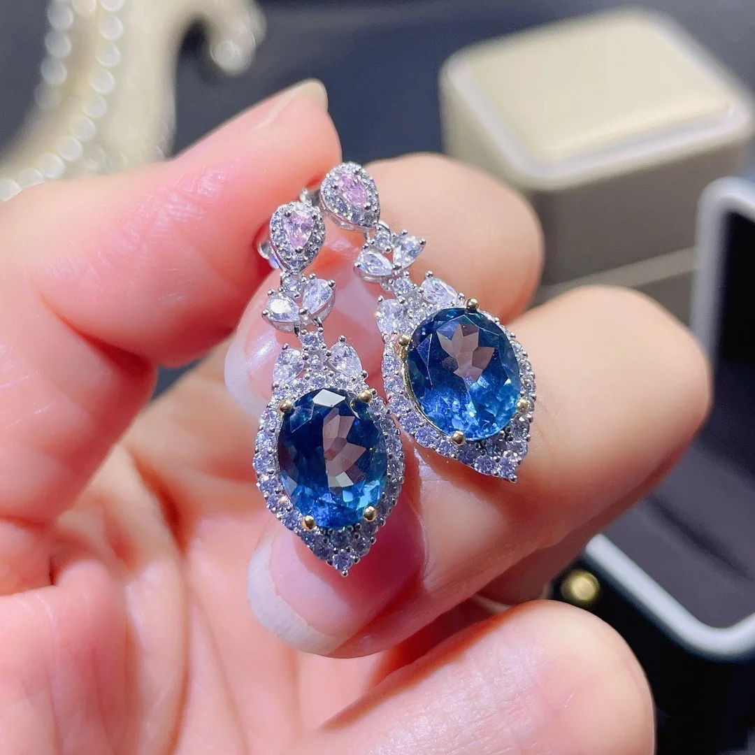 

HOYON 18K white gold color Luxury new sea blue topaz long earrings women's jewelry temperament ear jewelry blue diamond earrings