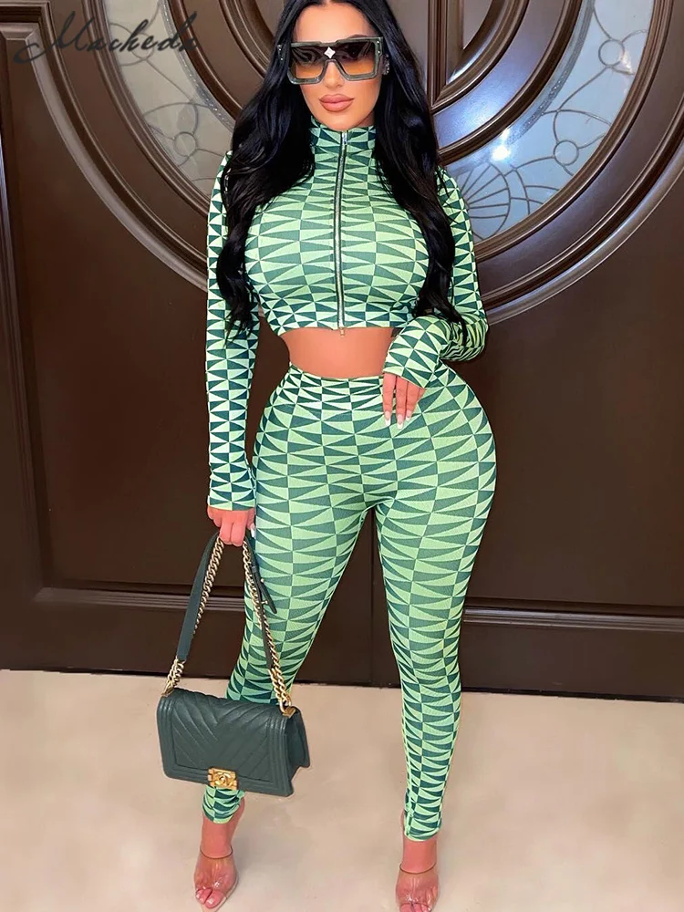 

Macheda Plaid Two Piece Sets Women Autumn Long Sleeve Zipper Crop Top Skinny Trousers Matching Sets Streetwear Female Outfits