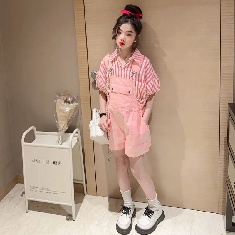 

Summer Girls Clothes Teenage Fashion Bubble Sleeve Shirt Pink Strap Pants Two Piece Set Clothes for Children 2 to 12 14 16 Years