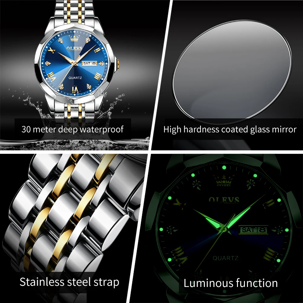 Rhombus Mirror Original Waterproof Luminous Stainless Steel Wristwatch Male Date Week 5