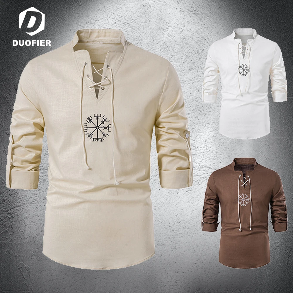 

Рубашка мужская с вышивкой в стиле древнего Викинга, повседневная сорочка из хлопка и льна с V-образным вырезом и длинными рукавами, однотон...