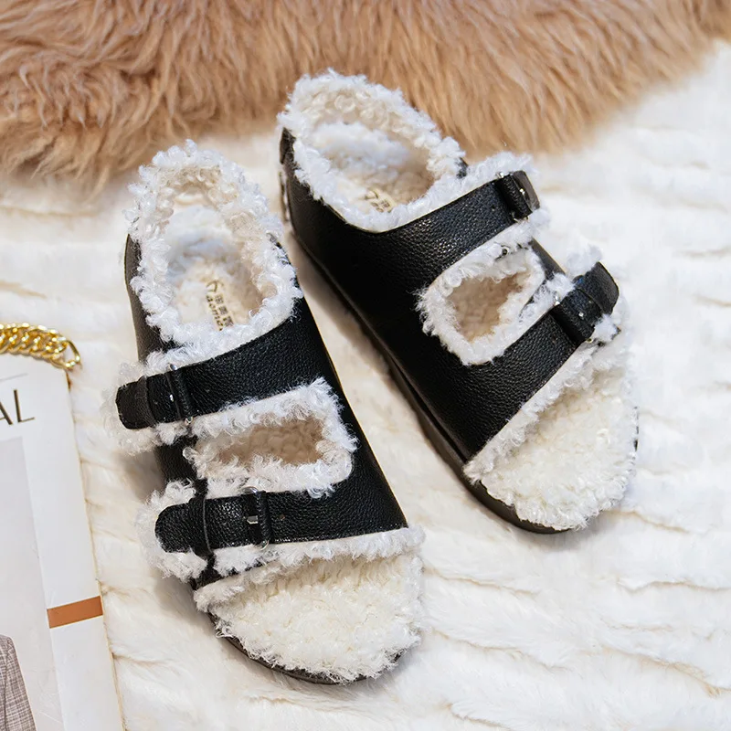 

Clogs With Heel Female Sandal Women's Low Shoes Large Size Thick Fur Girls Low-heeled Outside Big Fashion Synthetic Fabric Slip