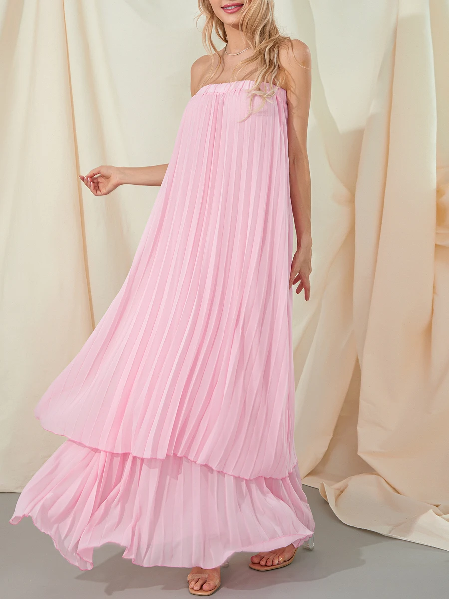 

wsevypo Boho Summer Pleated Strapless Beach Long Dress Women's Off-Shoulder Ruffle Tiered Tube Top Dress Loose Backless Outfit