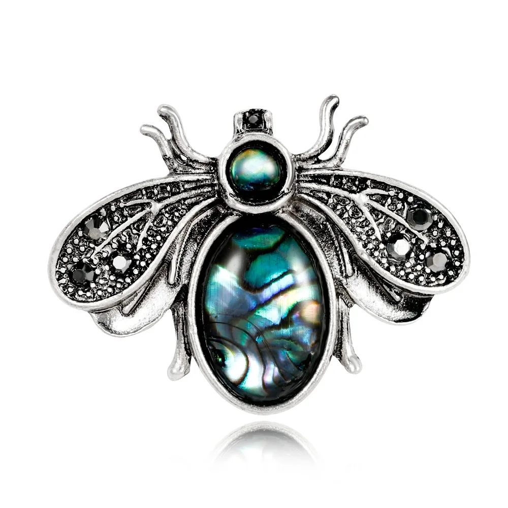 

TULX Natural Shell Bee Brooches For Women Men Alloy Rhinestone Insects Brooch Vintage Banquet Clothes Pins Scarf Clip Jewelry