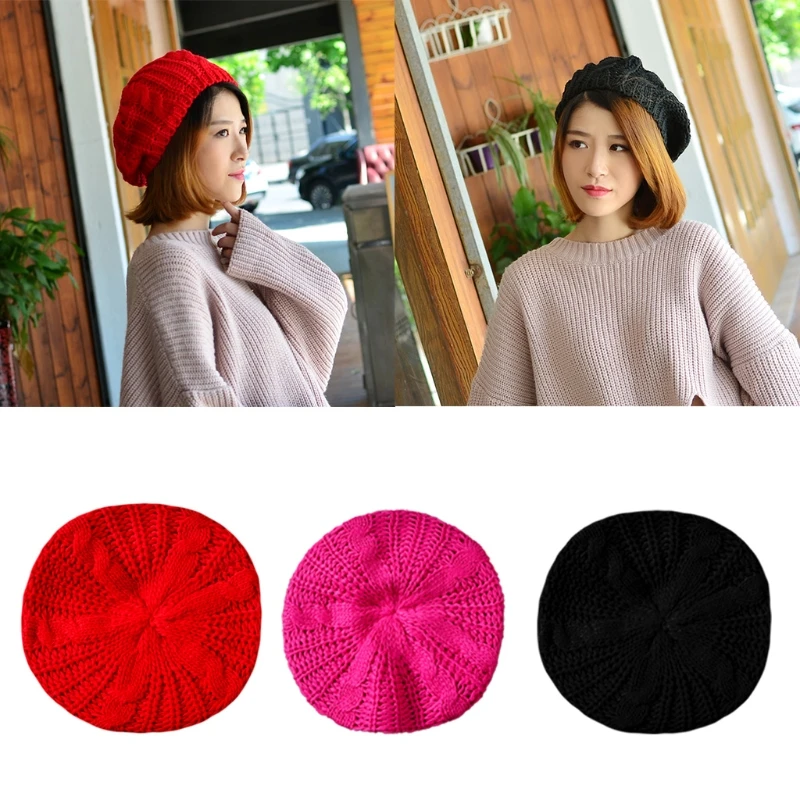 

652F Women Girl Plain Solid Color Knitted Hat Twisted Artist Beanie Braided Cap