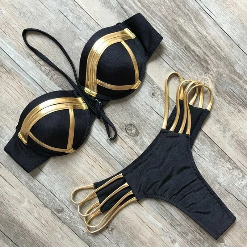 

Sexy Extreme Bandage Bikini Set 2023 Mujer New Gold Black Shiny Brazilian Push Up Swimsuit Women Padded Bandeau Swimwear Biquini