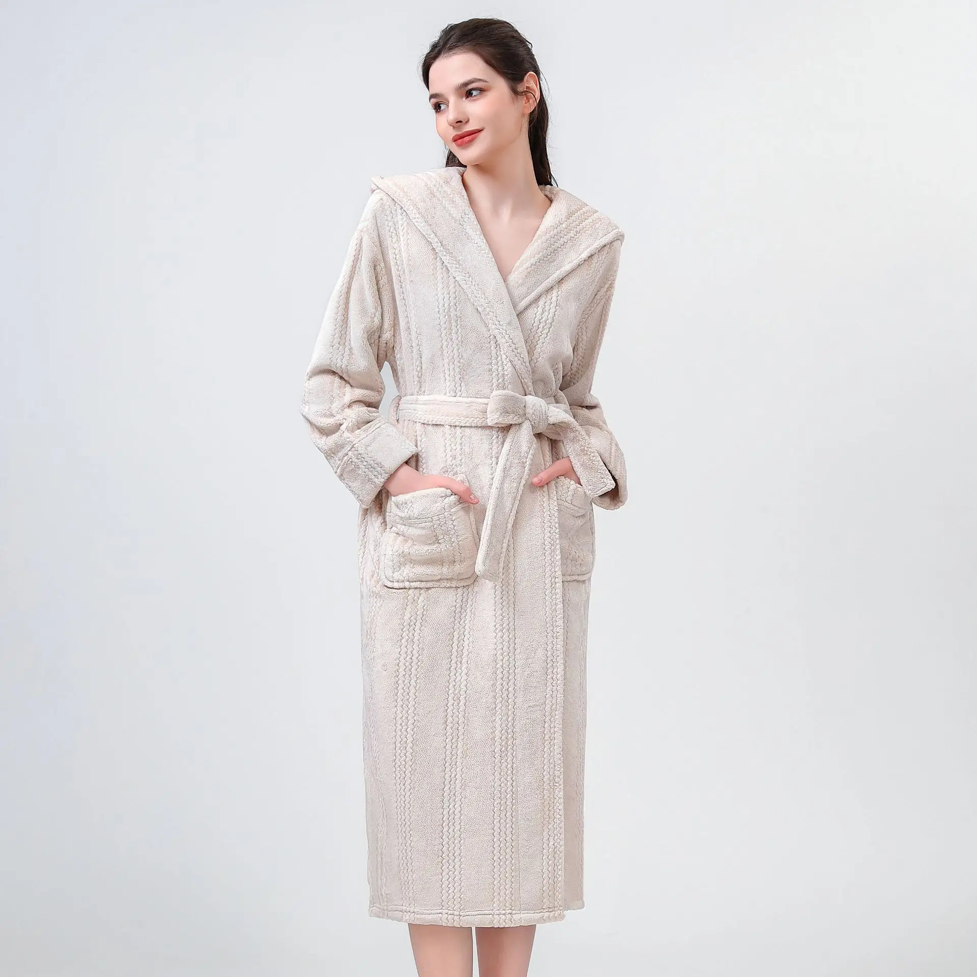 Фланелевый женский халат с капюшоном одежда для сна зимнее утепленное теплое
